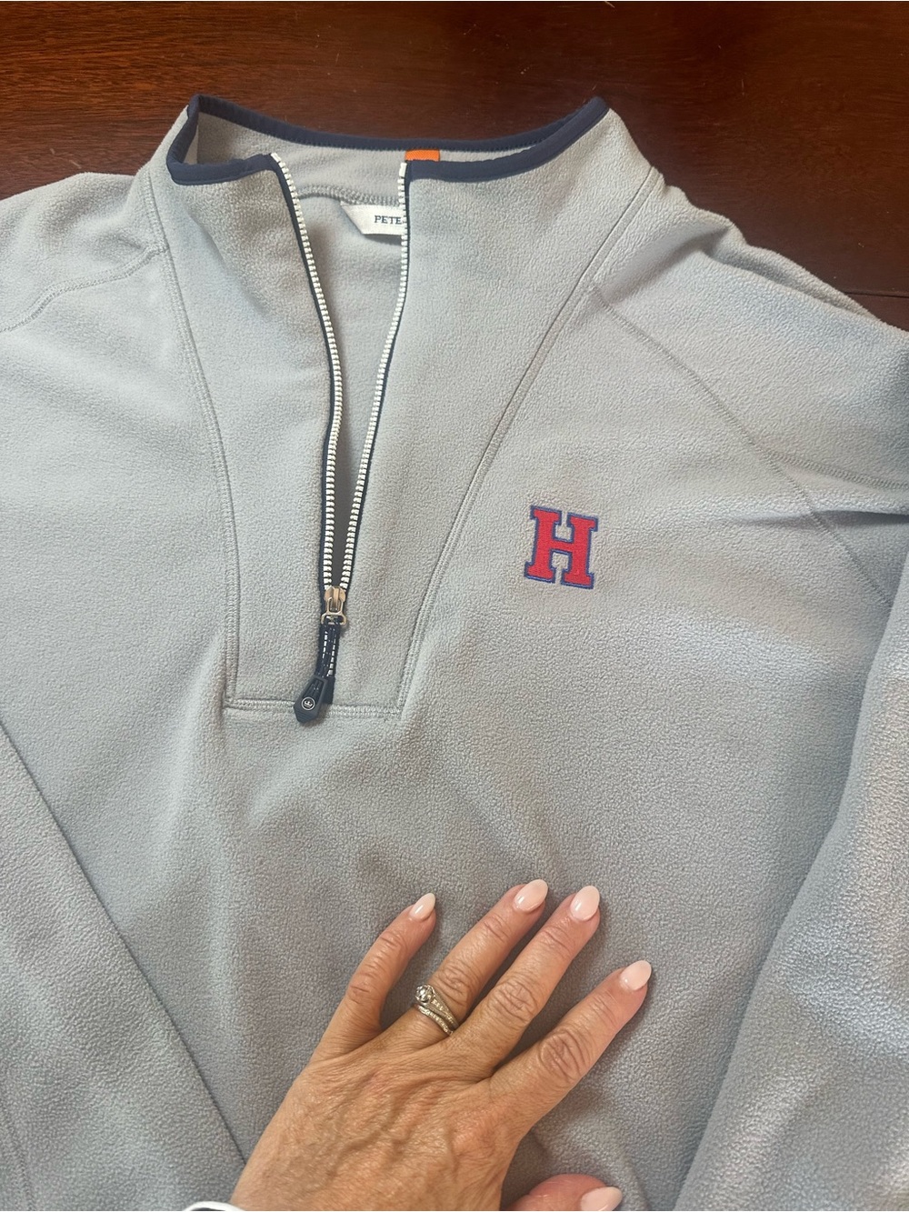 Peter Millar Light Gray Quarter-Zip Pullover with Navy Trim and Orange Accent